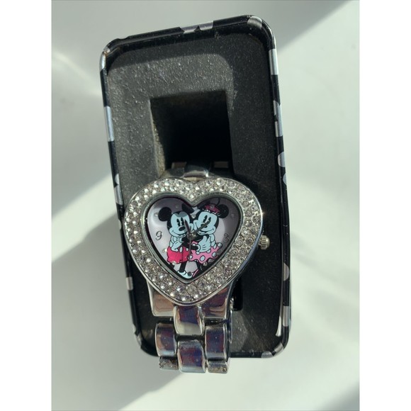 Disney Mickey Minnie Mouse Bracelet Watch Heart Crystals Silver tone NEW Battery - Picture 1 of 6